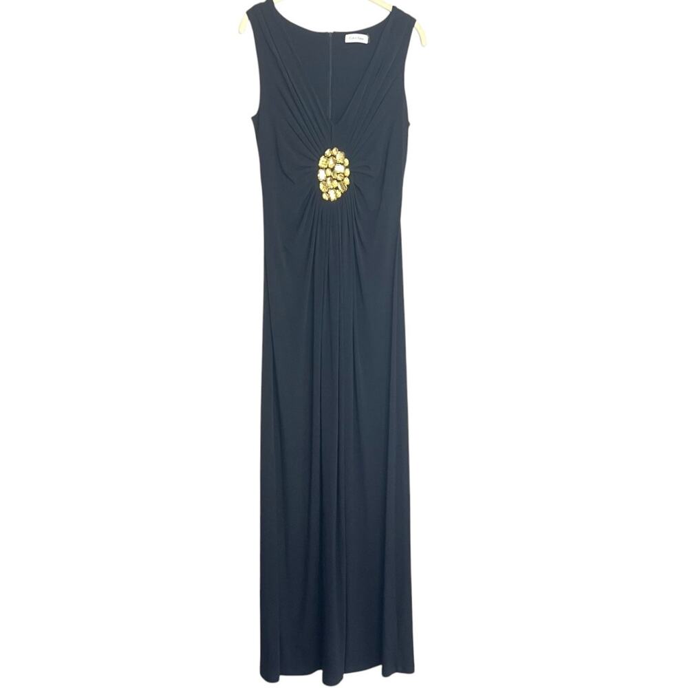 Calvin Klein Maxi Dress Gold Jeweled Sleeveless Black Size 8 Special Occasion
